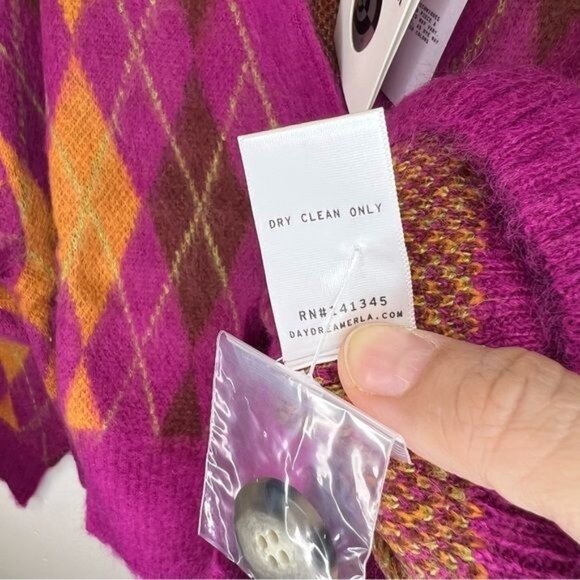 Daydreamer fuchsia Sunset Argyle Plaid Cropped Cardigan Sweater, Size Small NWT - Picture 7 of 10